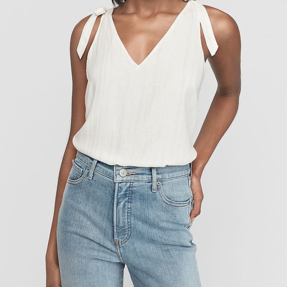 Express Woman's Gold Metallic Striped Tie Strap Sleeveless V-Neck Tank Top Large